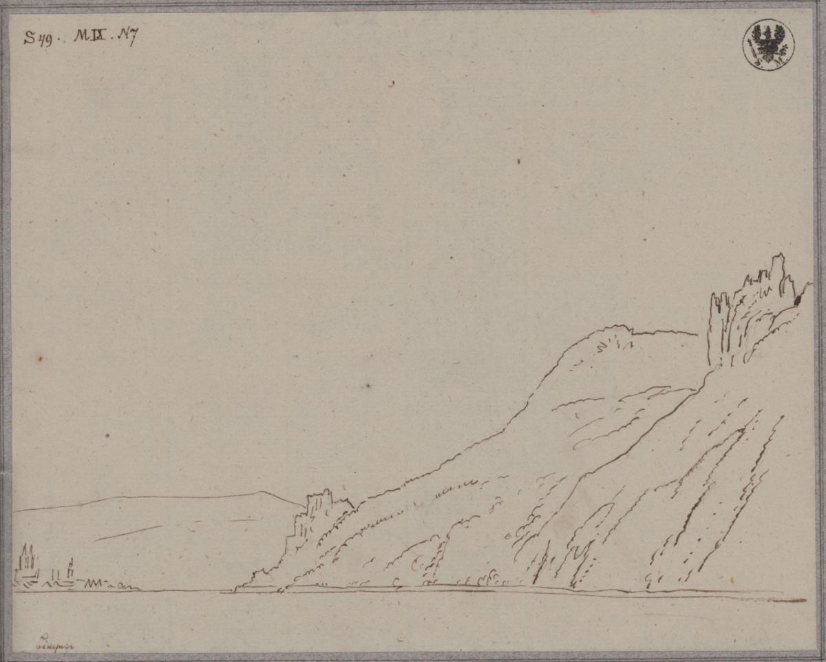 Rheinansicht bei Bingen mit den Ruinen Rheinstein und Falkenburg
