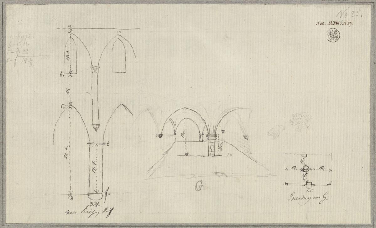 Kloster Chorin. Aufriss der Schiffswand, Skizze des Speisesaals und Baumstudien
