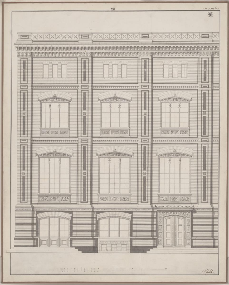 Berlin. Bauakademie. Aufriss von drei Jochen der Hauptfassade