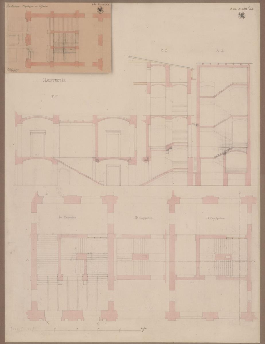Berlin. Bauakademie. Grundriss und Quer- und Längsschnitt durch das Treppenhaus