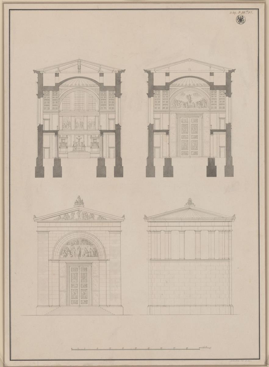 Berlin. Friedrichswerdersche Kirche. Antikisierende Entwürfe zum Portal, Chorapsis und Innenraum. Aufrisse und Querschnitte