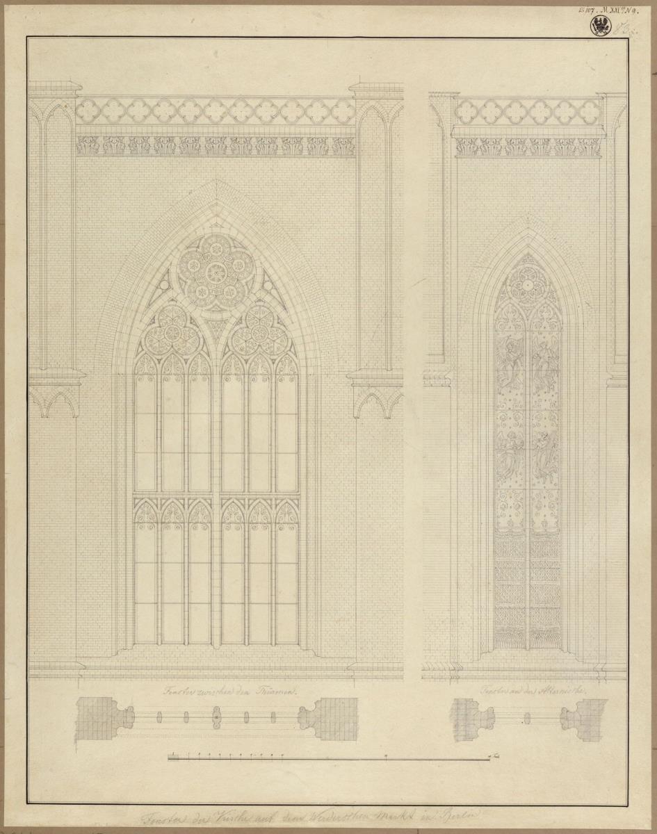 Berlin. Friedrichswerdersche Kirche. Aufriss und Grundriss des Portalfensters und eines Chorfensters