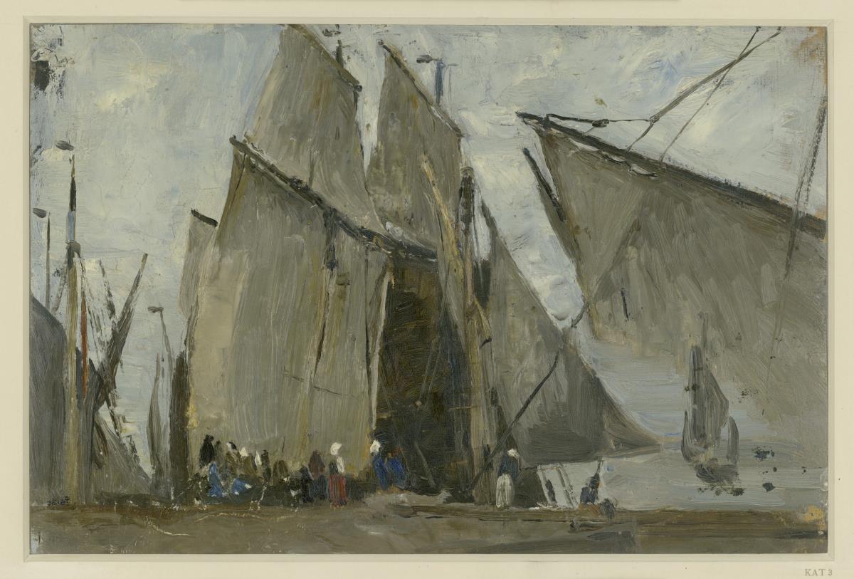 Fischerboote im Hafen von Dieppe, vorn Fischervolk