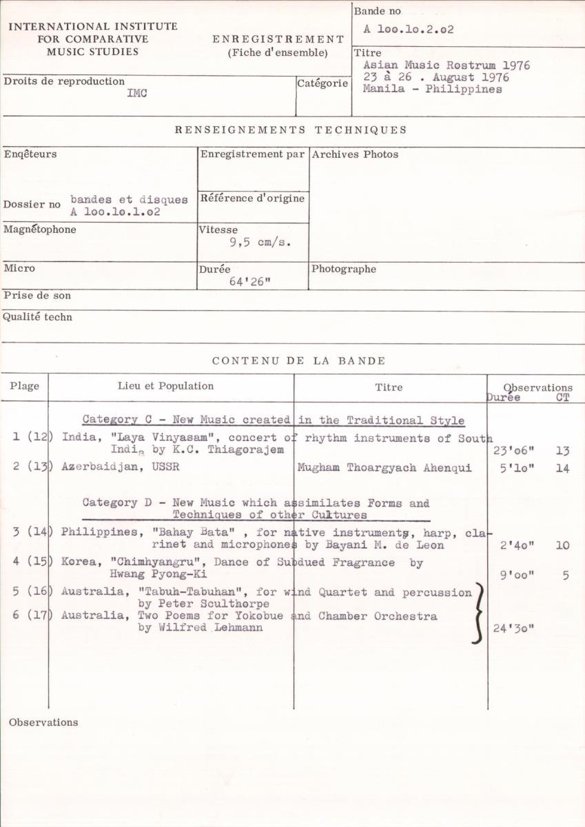 Asian Music Rostrum 1976 / 23 à 26. August 1976 / Manila - Philippines