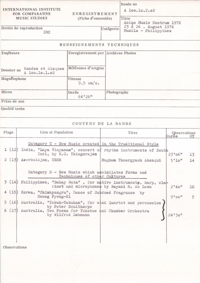 Asian Music Rostrum 1976 / 23 à 26. August 1976 / Manila - Philippines