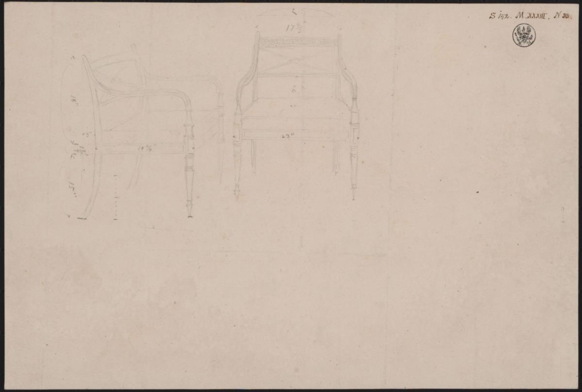 Berlin, Wilhelmplatz. Palais des Prinzen Karl von Preußen. Entwurf zu einem Armlehnstuhl