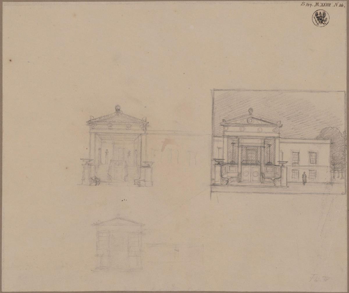 Potsdam-Sanssouci. Schloss Charlottenhof. Ansichten und Aufriss der Terrassenseite mit Portikus.