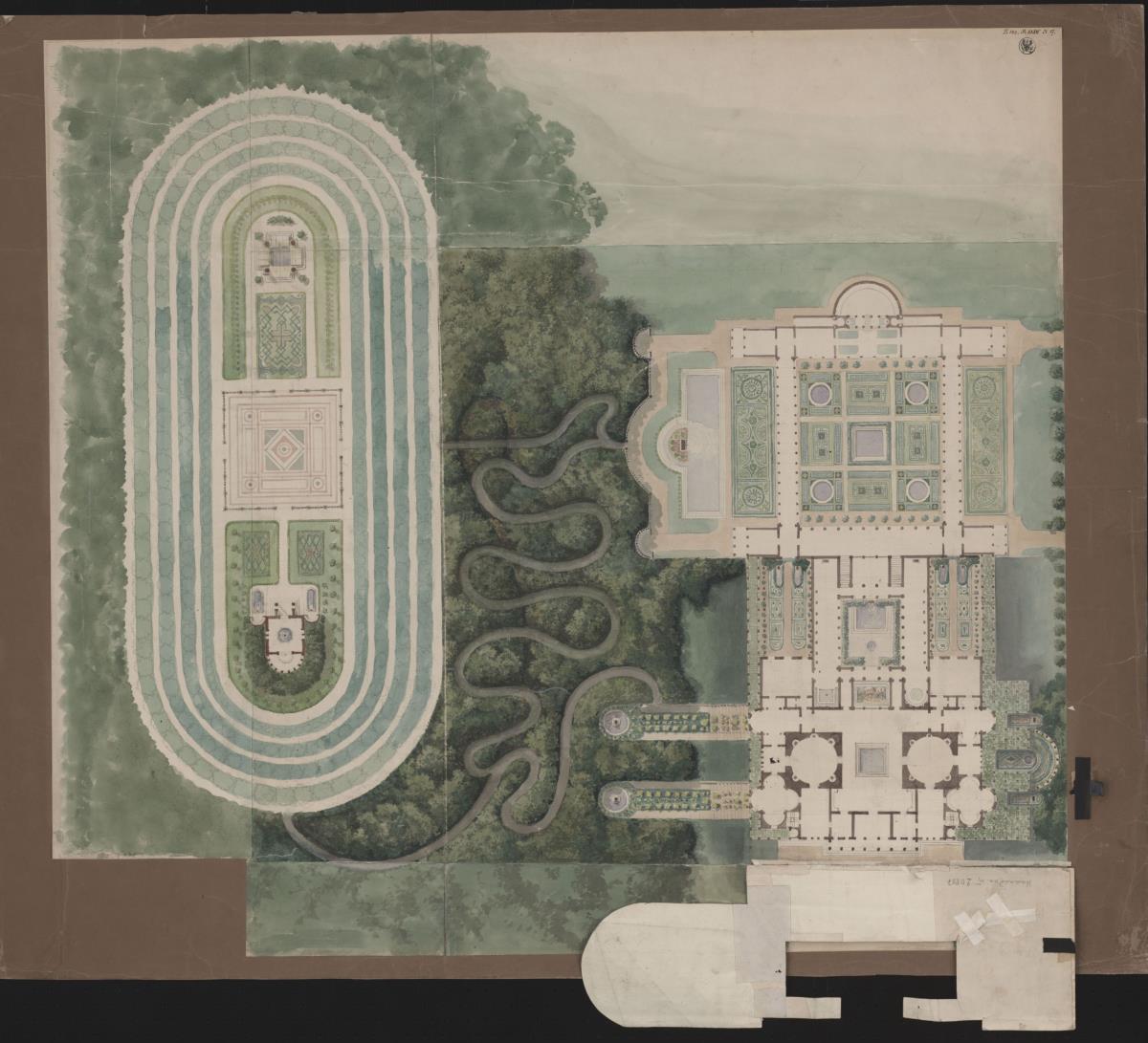 Potsdam-Sanssouci. Antikes Landhaus bei Schloss Charlottenhof. Grundriss und Situationsplan