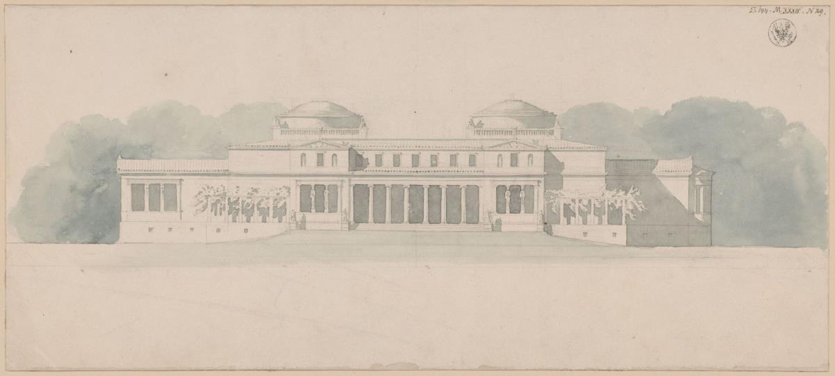 Potsdam-Sanssouci. Antikes Landhaus bei Schloss Charlottenhof. Ansicht der Eingangsseite