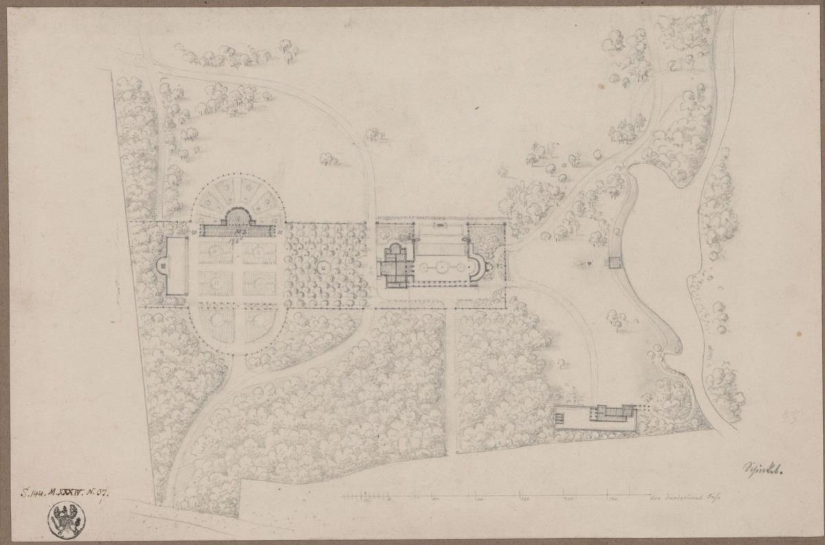 Potsdam-Sanssouci. Schloss Charlottenhof. Situationsplan mit geplanten Erweiterungen.