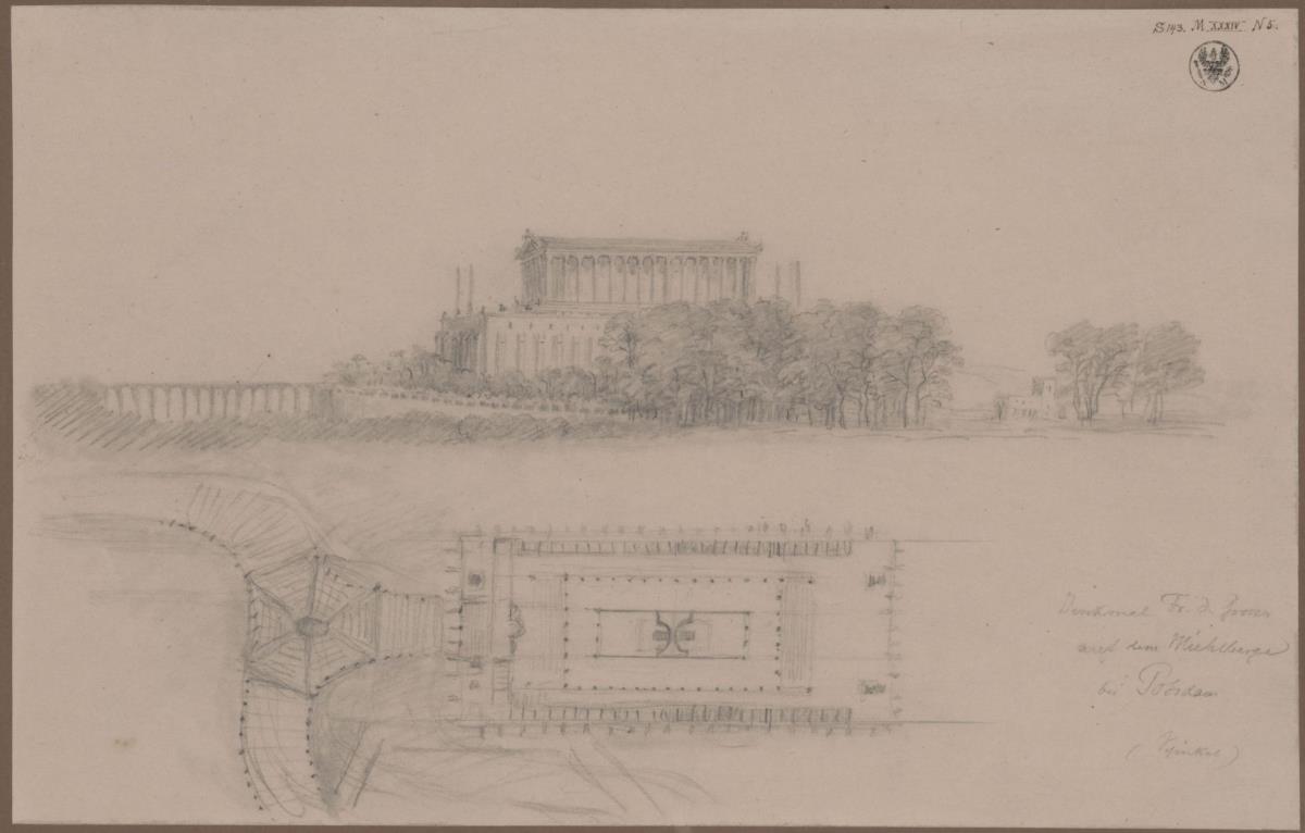 Potsdam. Entwurf für ein Friedrichsdenkmal auf dem Mühlenberg. Situationsplan und perspektivische Ansicht