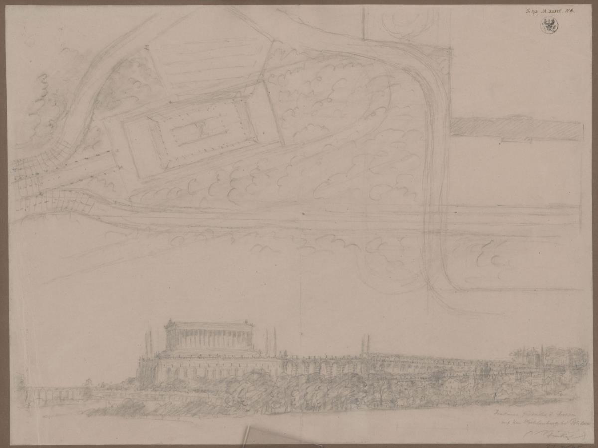 Potsdam. Entwurf für ein Friedrichsdenkmal auf dem Mühlenberg. Situationsplan und Ansicht
