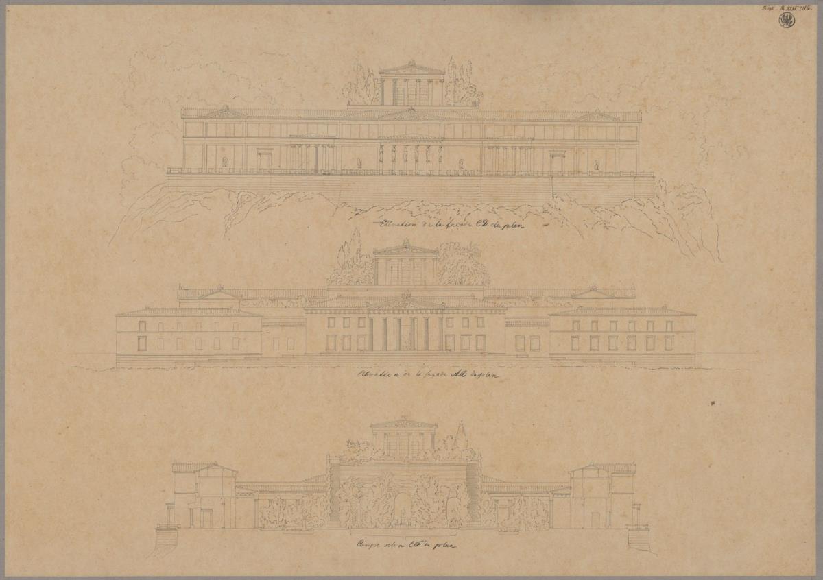 Schloss Orianda auf der Krim. Antikischer Entwurf. Ansicht der Vorder- und Rückseite und Schnitt