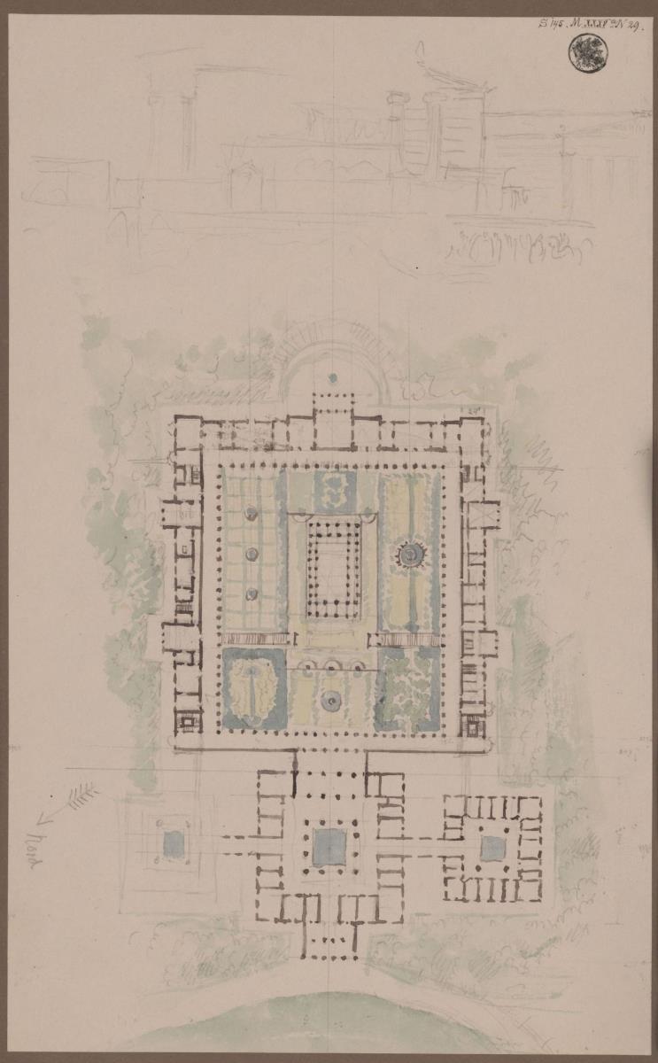 Schloss Orianda auf der Krim. Antikischer Entwurf. Grundriss, Schnitt und Ansicht