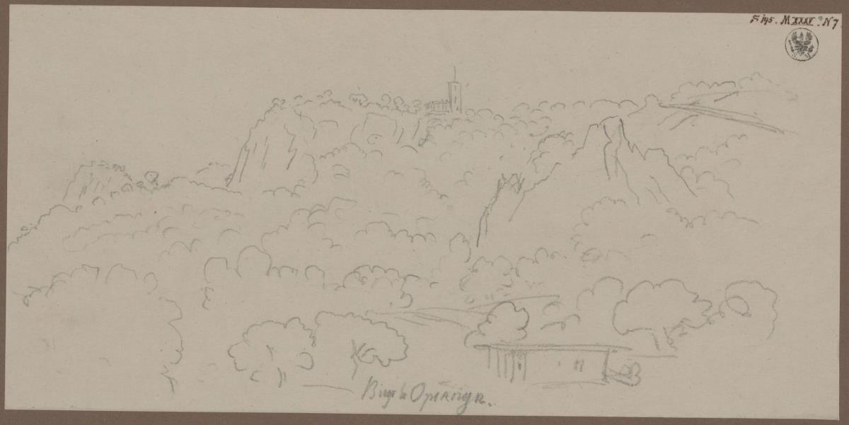 Schloss Orianda auf der Krim. Ansichtsskizze der Umgebung mit dem Schloss vor der Planung