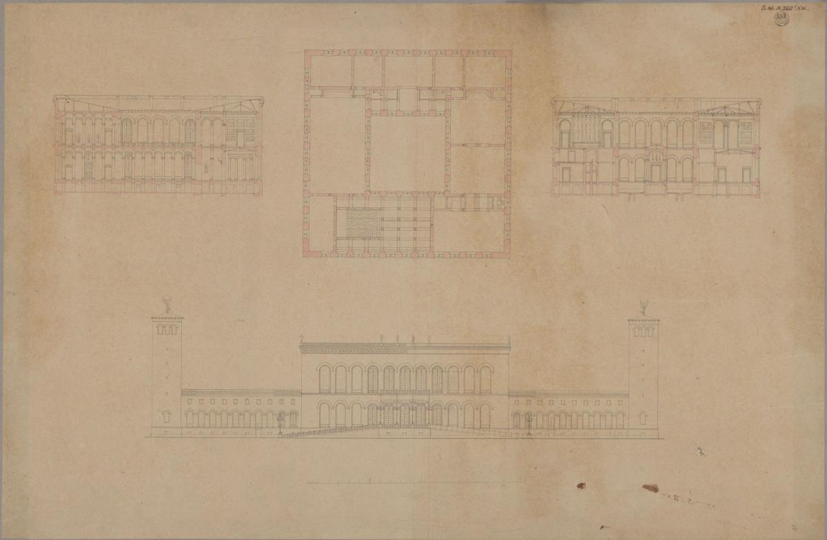 Litauen. Palais Wittgenstein. Vorderansicht, Grundrisse, Längs- und Querschnitt des 2. Geschosses