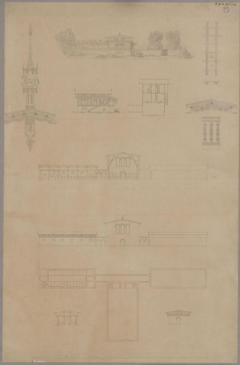 Litauen. Palais Wittgenstein. Grundriss, Ansicht und Schnitte der Reitbahn und Gärtnerwohnung
