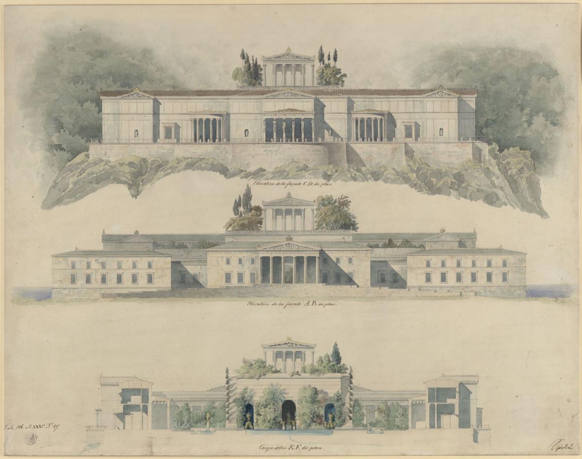 Schloss Orianda auf der Krim. Antikischer Entwurf. Aufriss der Meeres- und der Landseite, Schnitt durch den kaiserlicher Hof mit dem Museum der Krim und dem bekrönenden Tempel