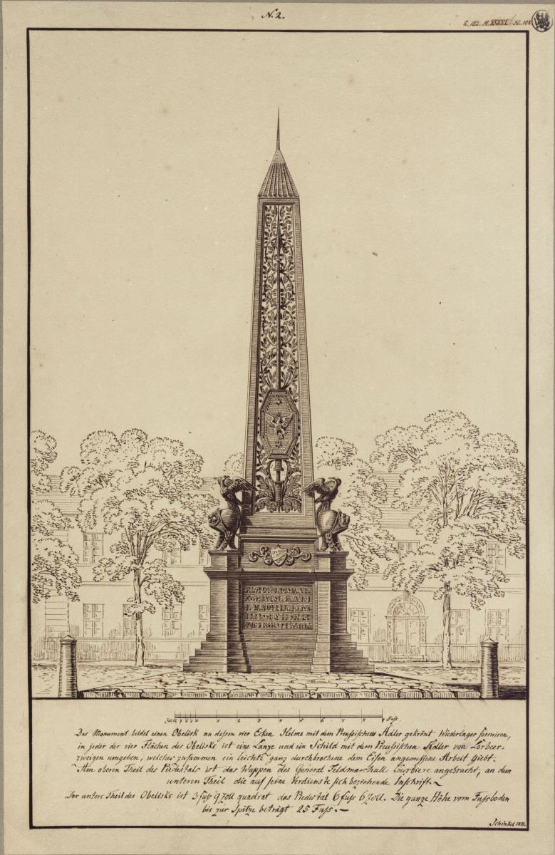 Graudenz (Grudziądz), ehem. Regierungsbezirk Marienwerder (Województwo Kujawsko-Pomorskie). Entwurf zum Denkmal für Wilhelm de Courbière in Form eines Obelisken