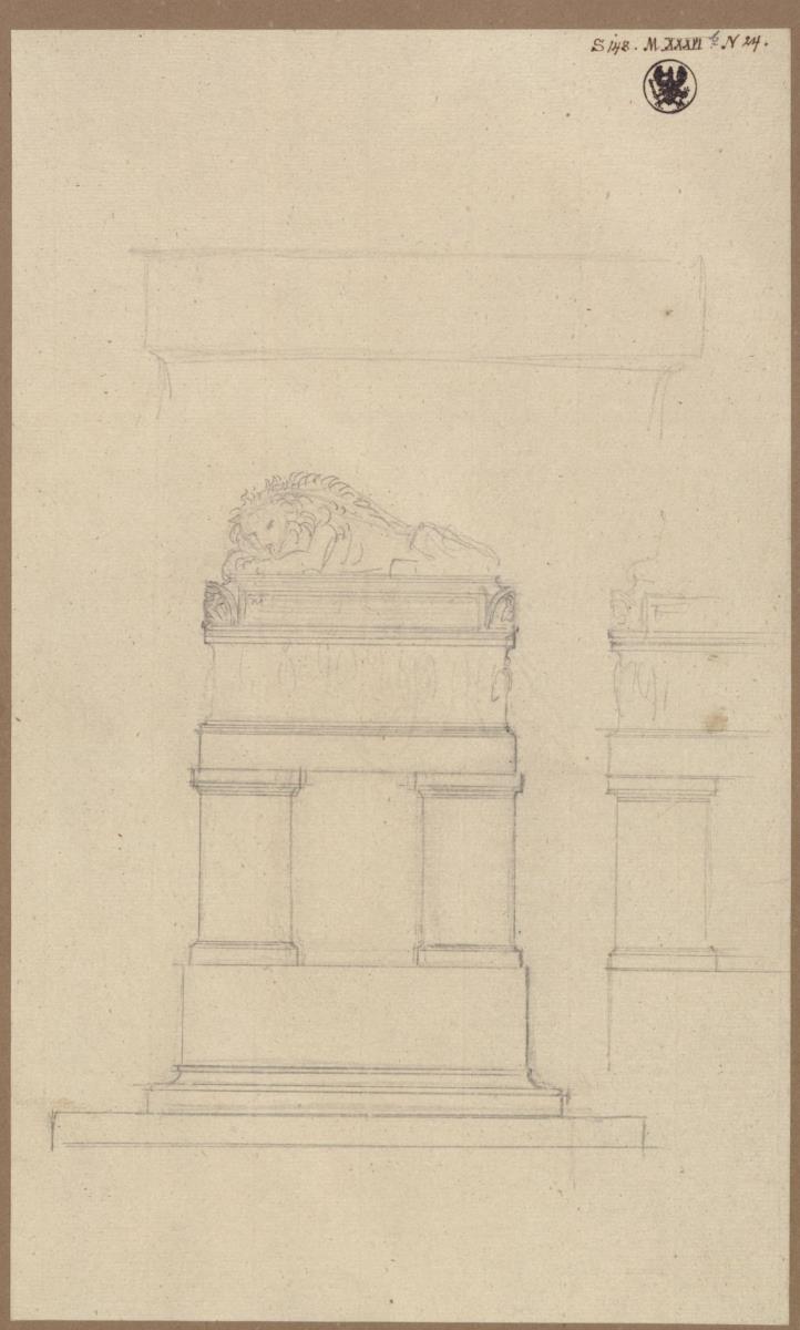Berlin. Denkmal für General Scharnhorst. Auf dem Invalidenkirchhof ausgeführter Entwurf als Sarkophag mit darauf ruhendem Löwen