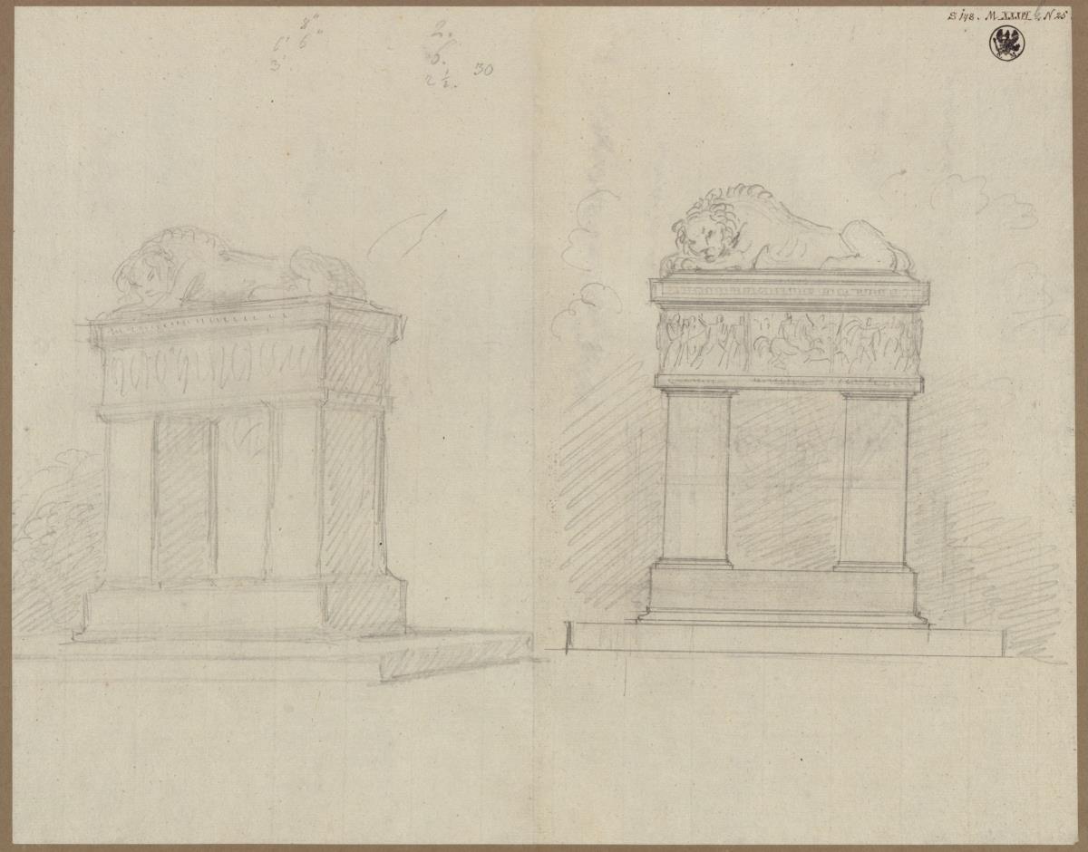 Berlin. Denkmal für General Scharnhorst. Auf dem Invalidenkirchhof ausgeführter Entwurf als Sarkophag mit darauf ruhendem Löwen. Seiten- und perspektivische Ansicht