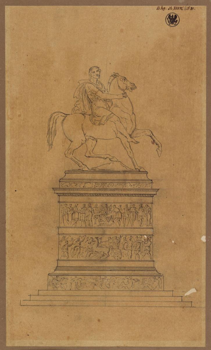 Berlin, Unter den Linden. Entwurf für ein Friedrichsdenkmal. Reiterstatue auf einem mit Figurenreliefs geschmückten Postament