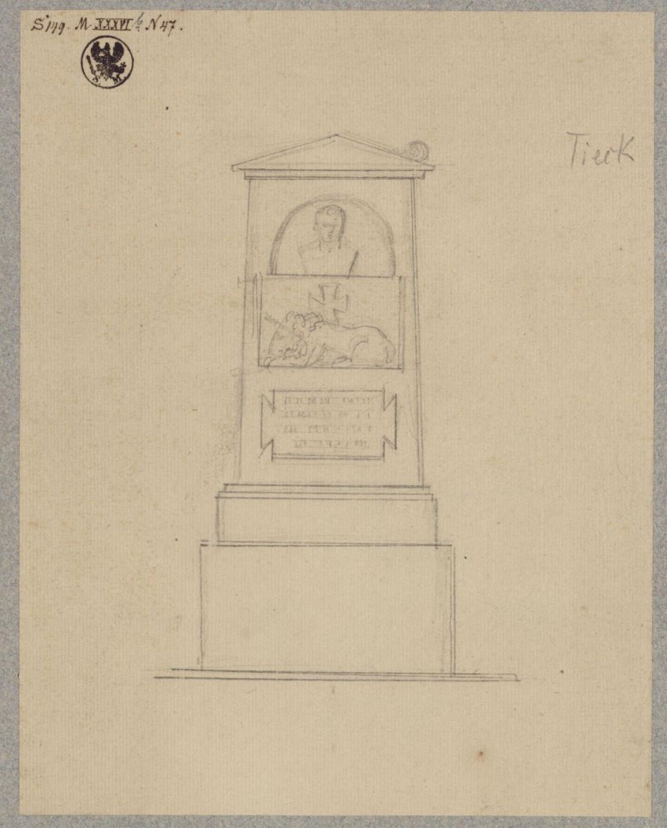 Entwurf zu einem Denkmal mit einer Büste, einem ruhenden Löwen und einem Kreuz
