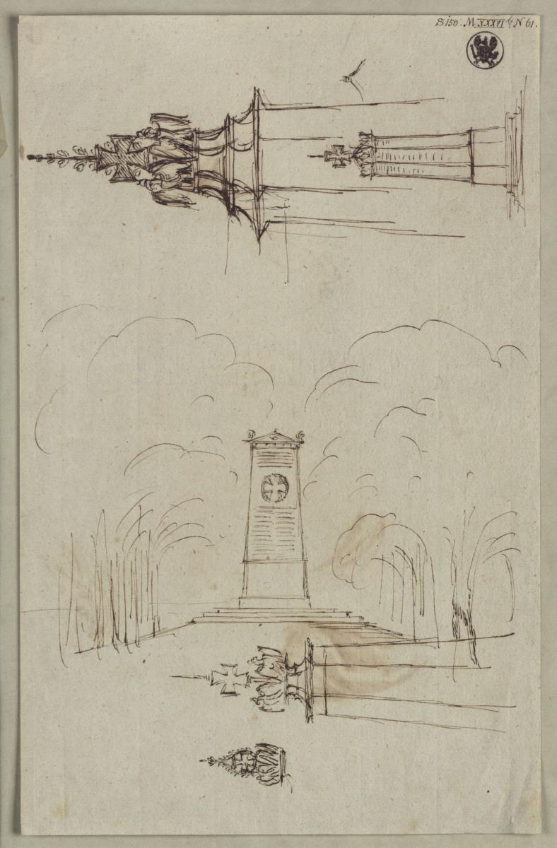 Mehrere Entwürfe zu einem Monument mit dem Eisernen Kreuz