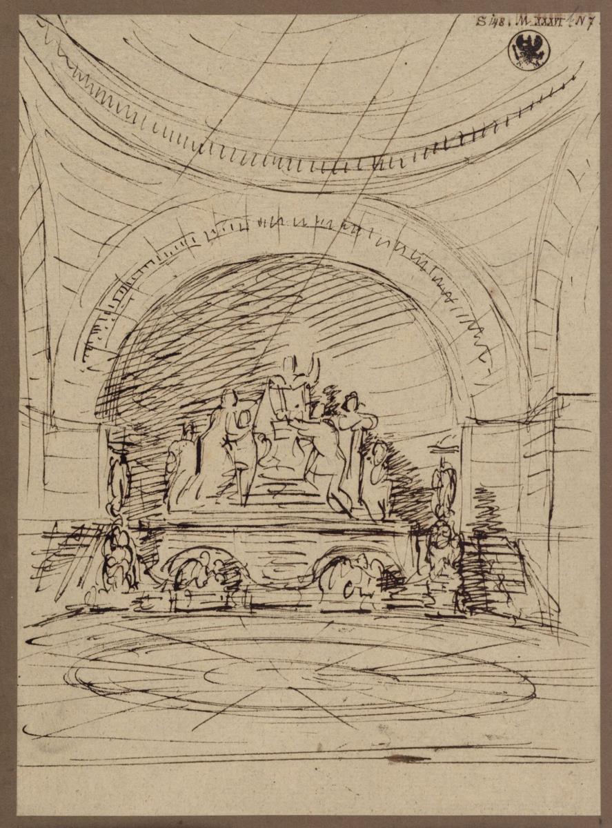 Entwurf zu einem Luther-Denkmal in einer kapellenartigen Architektur, der Reformator sitzend, mit Beifiguren