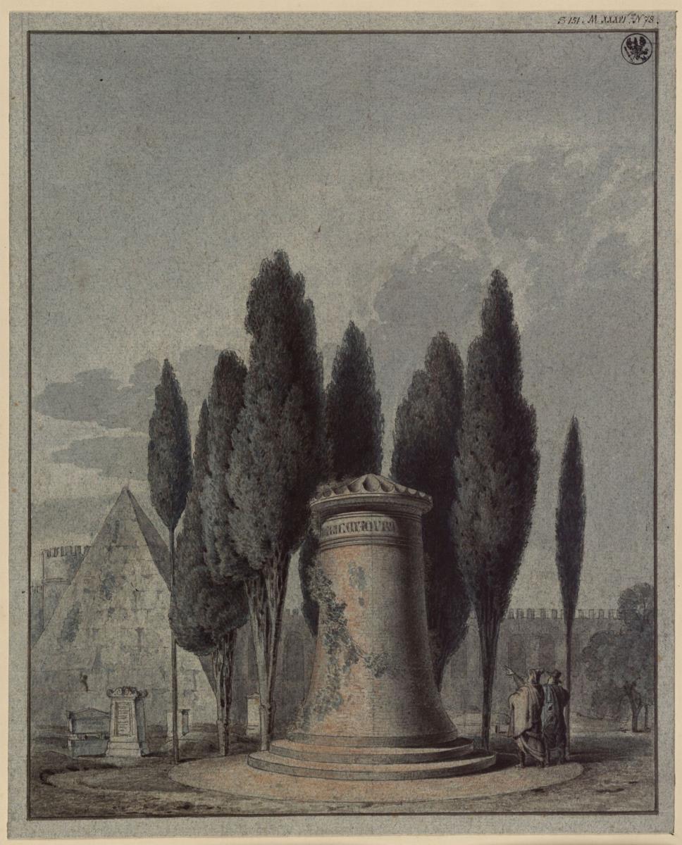 Friedhof mit antikisierenden Rundturm und Grabdenkmälern / Rom. Entwurf zu einem Grabdenkmal für den protestantischen Friedhof bei der Cestiuspyramide