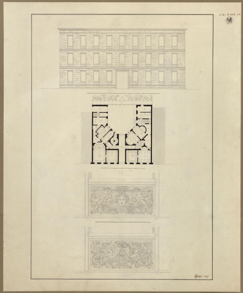 Berlin. Feilnerhaus. Fassadenansicht, Grundriss und Reliefs der Fensterbrüstungen
