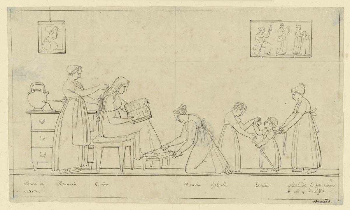 Motive aus dem Leben der Familie von Humboldt in Rom: Szene in Form eines Reliefs mit dem Porträt der Mutter Caroline von Humboldt als Bild im Bild sowie den Geschwistern Caroline, Gabriele, Hermann und Adelheid von Humboldt mit zwei Hausmädchen