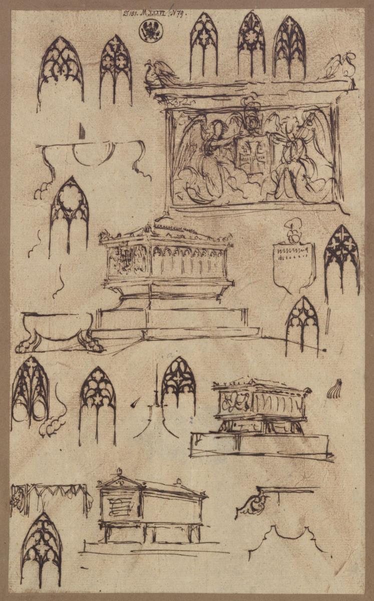 Skizzen zu einem Sarkophag in gotisierender Form /  Skizzen zum Denkmal für Königin Luise in Gransee (?) / Skizzen zu einem Denkmal für Franz Johann Ludwig von Alberthal in Gölsdorf bei Jüterbog (?)