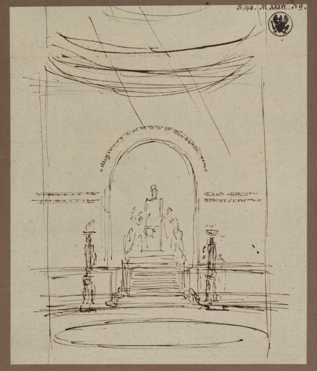 Entwurf zu einem Luther-Denkmal in einer kapellenartigen Architektur, der Reformator stehend, mit Beifiguren