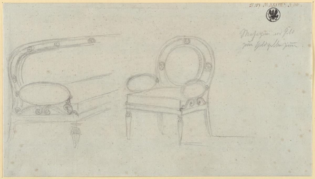 Berlin, Wilhelmstraße 72. Palais des Prinzen Friedrich von Preußen, Goldgelbes Zimmer. Entwurf zu einem Sofa und Sessel