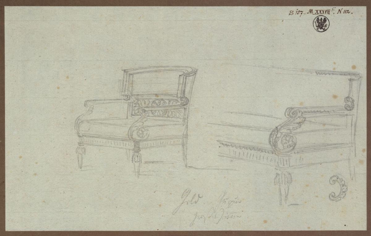 Berlin. Schloss Glienicke, Roter Salon des Prinzen Karl von Preußen. Entwurf zu einem Sessel und Sofa