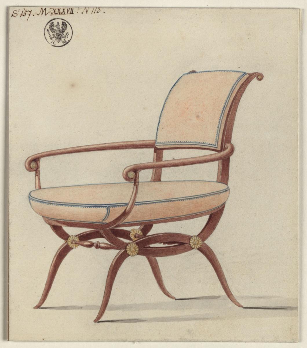 Berlin, Unter den Linden. Königliches Palais, Chamois-Zimmer Friedrich Wilhelms III. Entwurf zu einem Armlehnstuhl