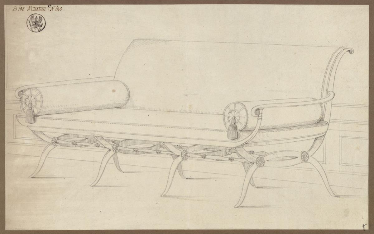 Berlin, Unter den Linden. Königliches Palais, Chamois-Zimmer Friedrich Wilhelms III. Entwurf zu einem Sofa