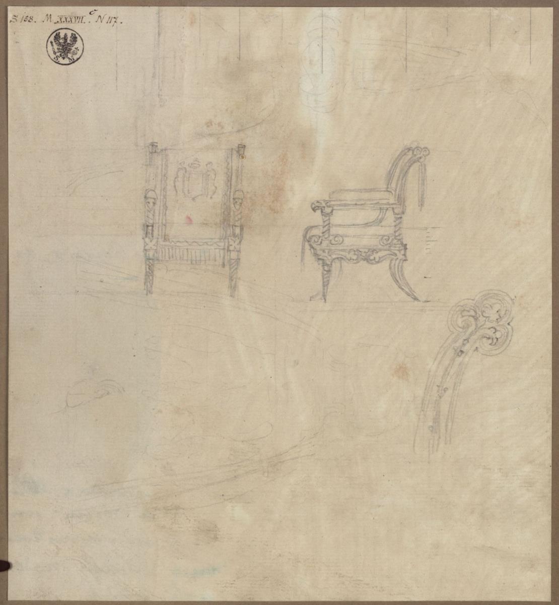 Berlin. Schloss, Wohnung Friedrich Wilhelms IV., Arbeitskabinett. Entwurf zu einem Sessel