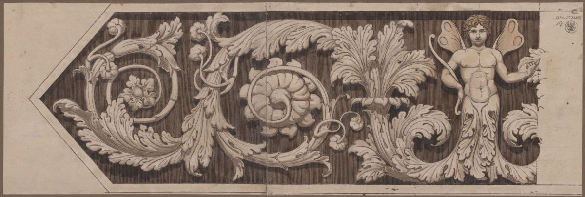 Fries-Ornament. Akanthus mit Rosetten, Blüten, Ranken sowie einem Genius mit Bogen