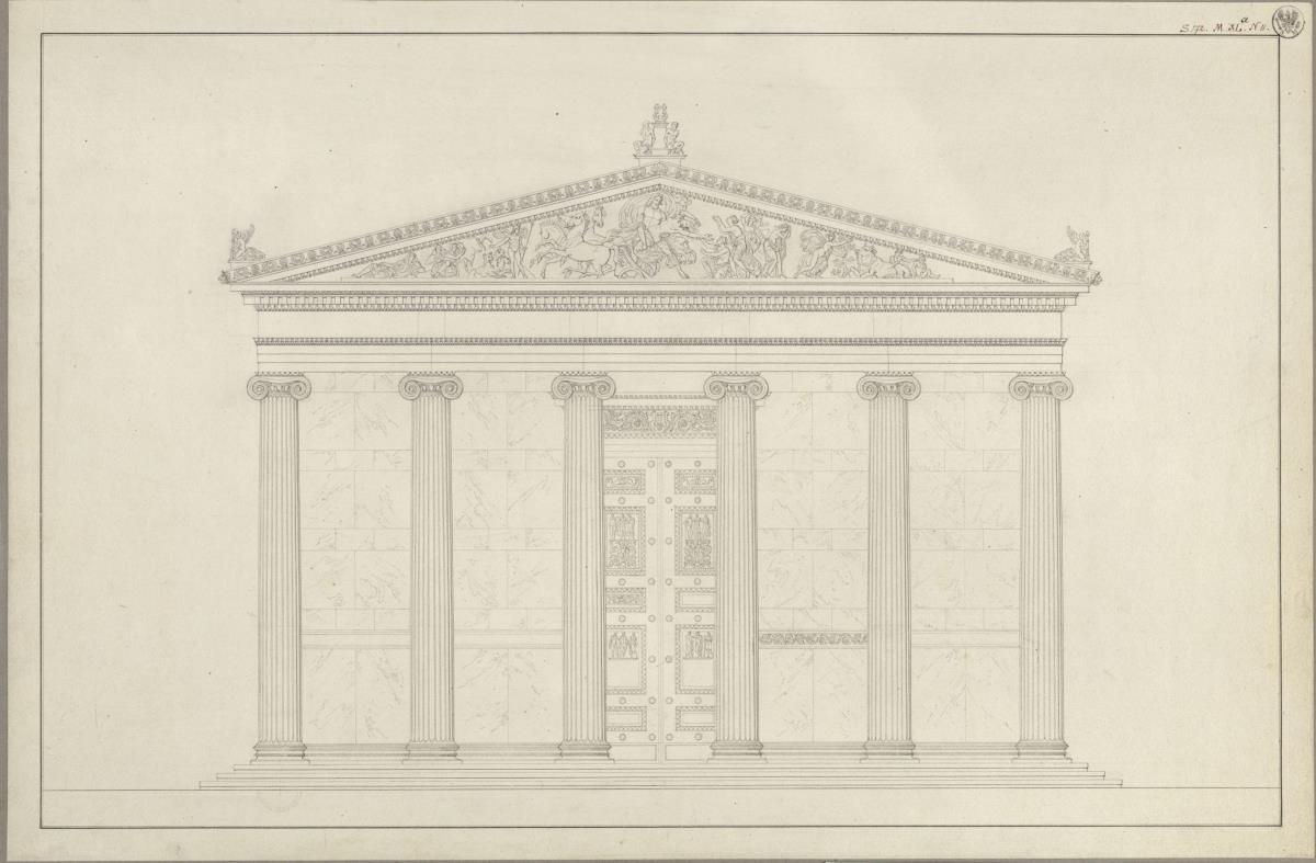 Architektur der geraden Bedeckung / Ionischer Tempel mit sechssäuligem Prostylos