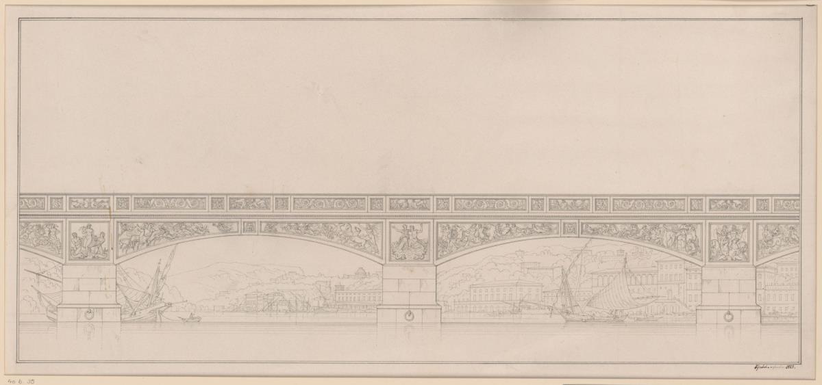 Entwurf zu einer Brücke mit Segmentbögen und landschaftlichem Hintergrund
