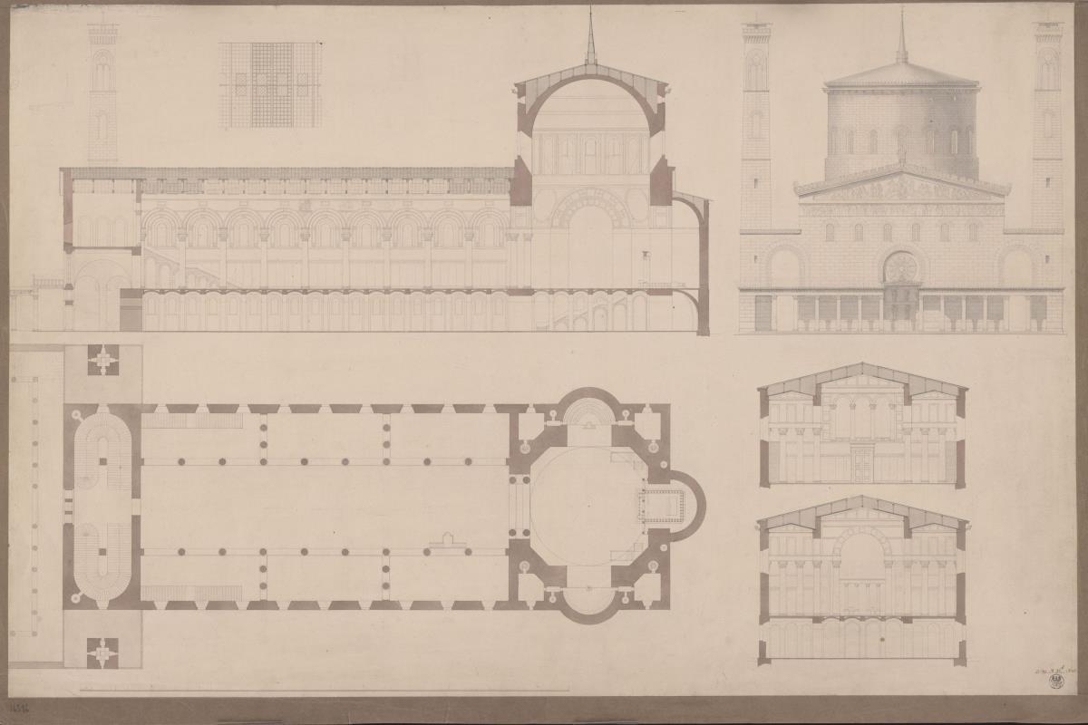 Entwürfe für die Basilika neuen Typs. Längsschnitt, Vorderansicht, Grundriss und Querschnitte