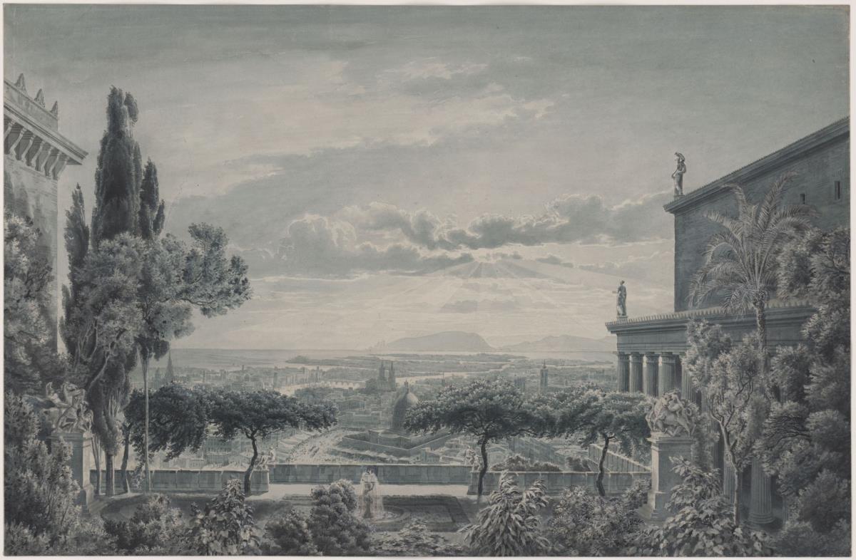 Die Residenz eines Fürsten. Privatgarten des Fürstenpaares mit dem Blick auf die Stadt und das Meer