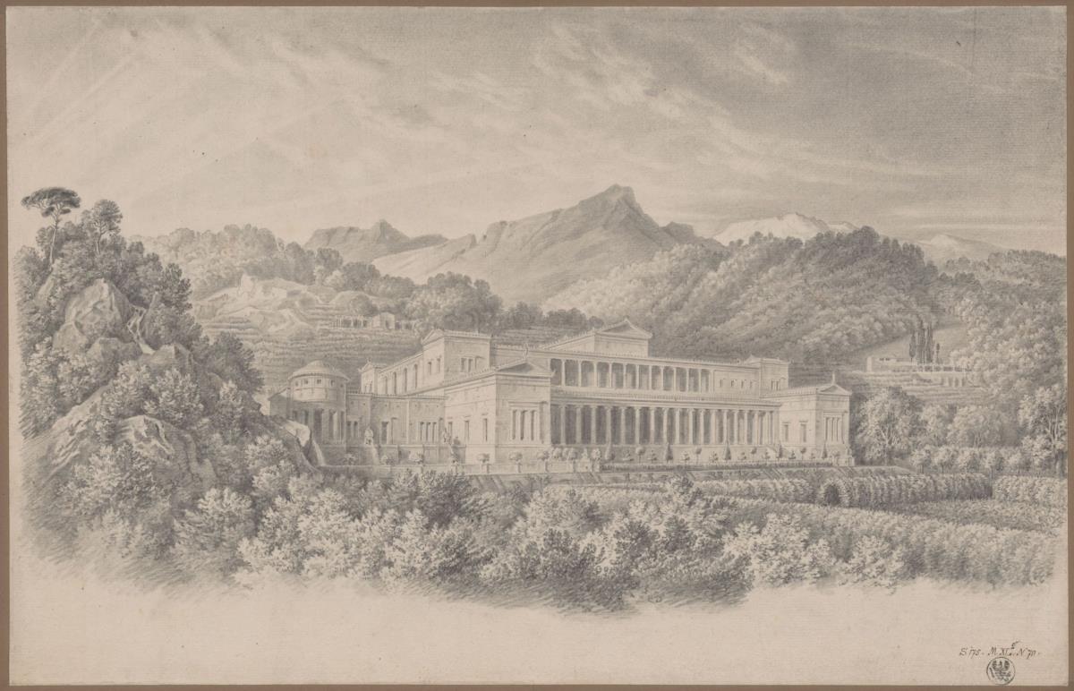 Rekonstruktion der Villa Tusca nach Plinius. Perspektivische Ansicht