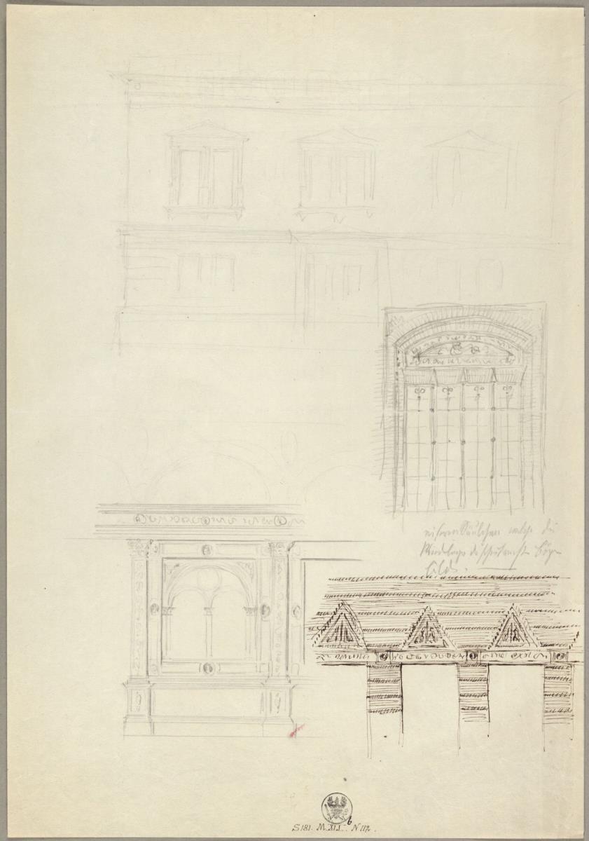 Entwurf zu einer zweigeschossigen Fassade & Entwurf zu einem Segmentbogen-Fenster & Entwurf zu einem gekuppelten Fenster umgeben von Pilastern & Entwurf zu Entlastungsdreiecken in Kragarchitektur über rechteckigen Öffnungen