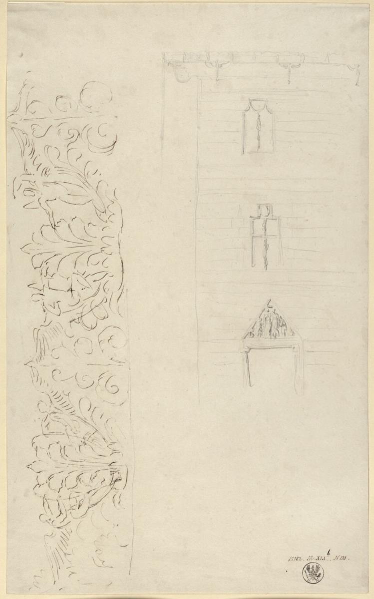 Entwurf zu einer Fassade mit Fenstern in Kragarchitektur & Detailentwurf zur Dekoration der Dachrinne