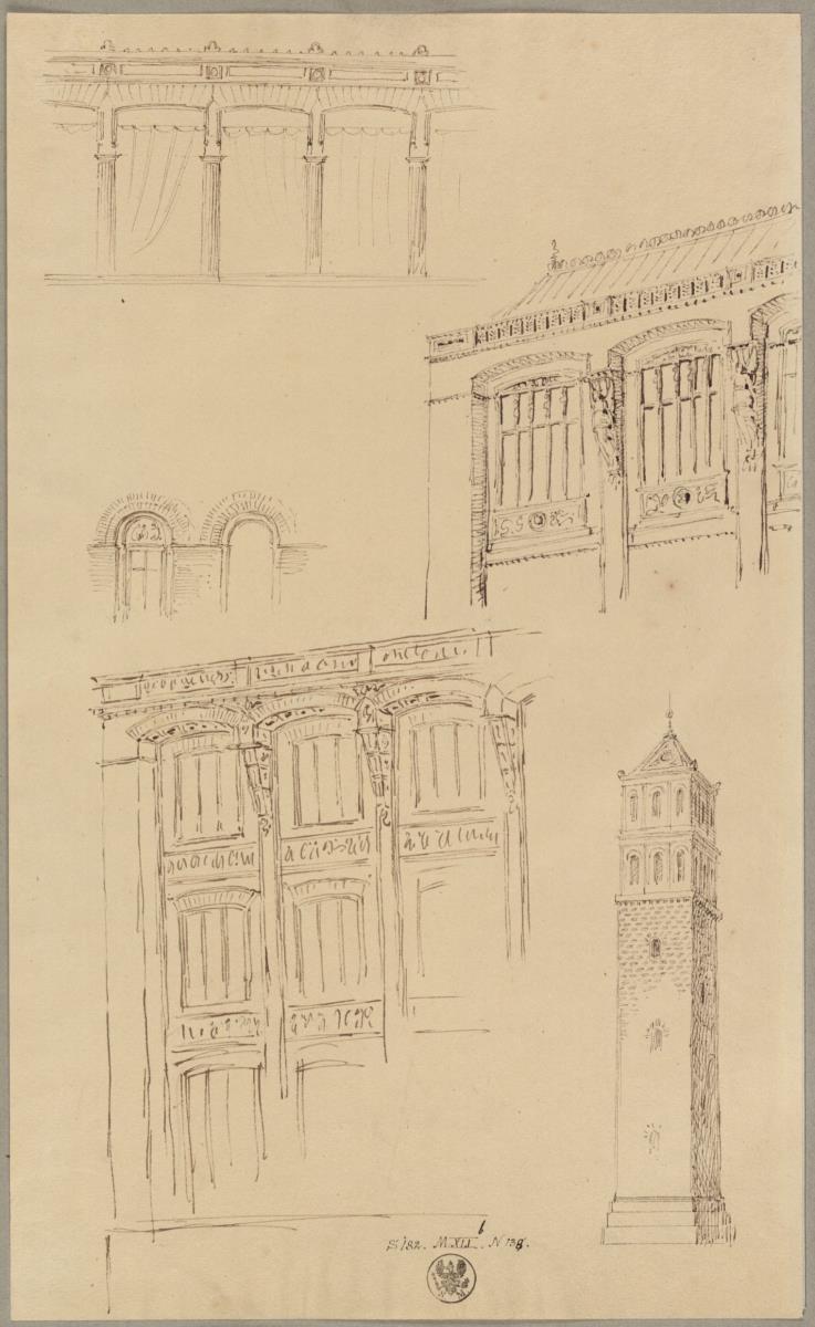 Entwurf zu einer Arkade mit Segmentbögen & Entwürfe zu Fassaden mit kolossaler Segmentbogen-Arkade & Entwurf zu einem Turm