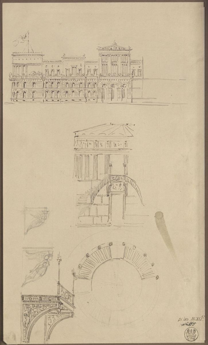 Berlin, Unter den Linden. Palais Prinz Wilhelm. Entwurf mit Ecktürmen. Aufriss, Querschnitt und Grundriss einer Treppenanlage und Details