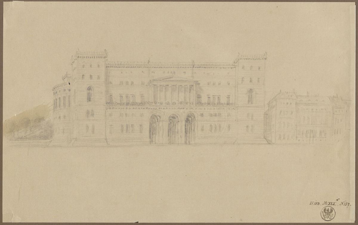 Berlin, Unter den Linden. Palais Prinz Wilhelm. Entwurf mit Ecktürmen. Ansicht